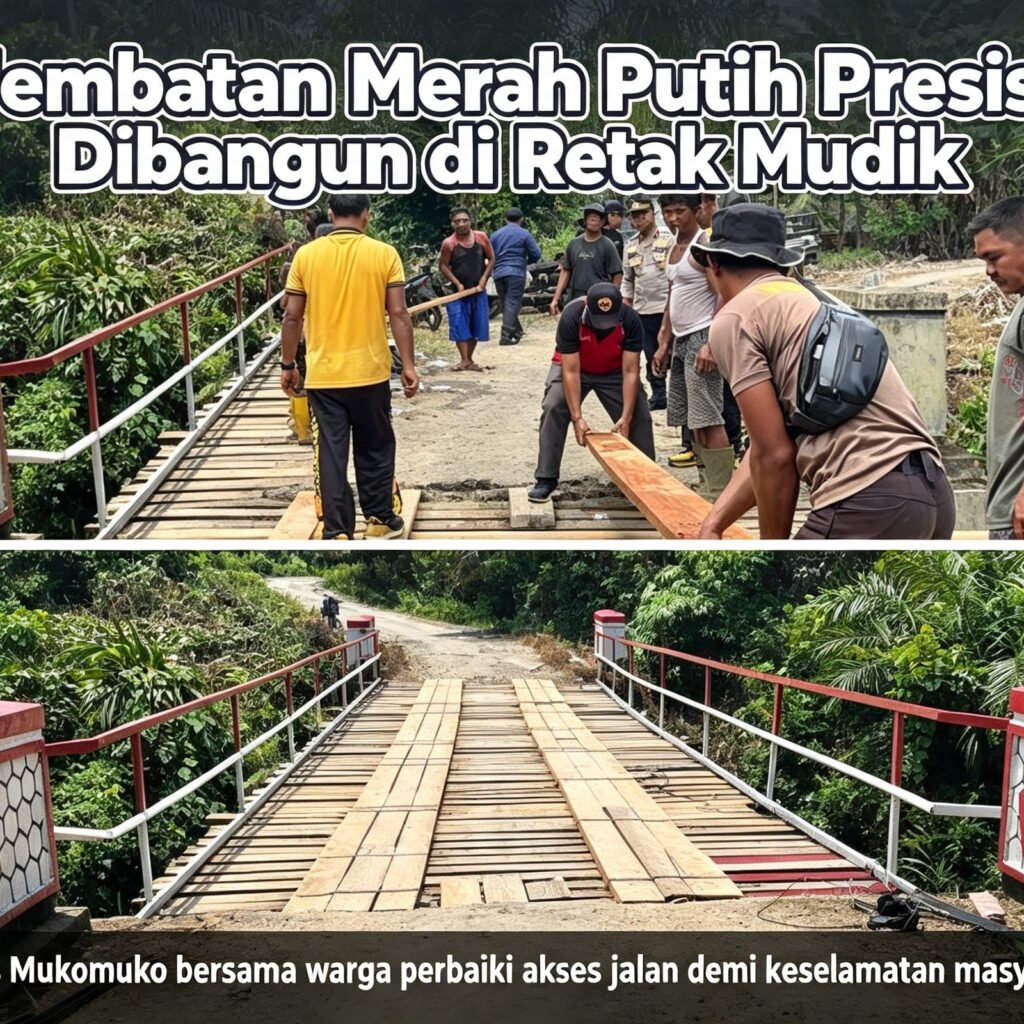 Gerak Cepat Polres Mukomuko, Jembatan Merah Putih Presisi Dibangun di Retak Mudik